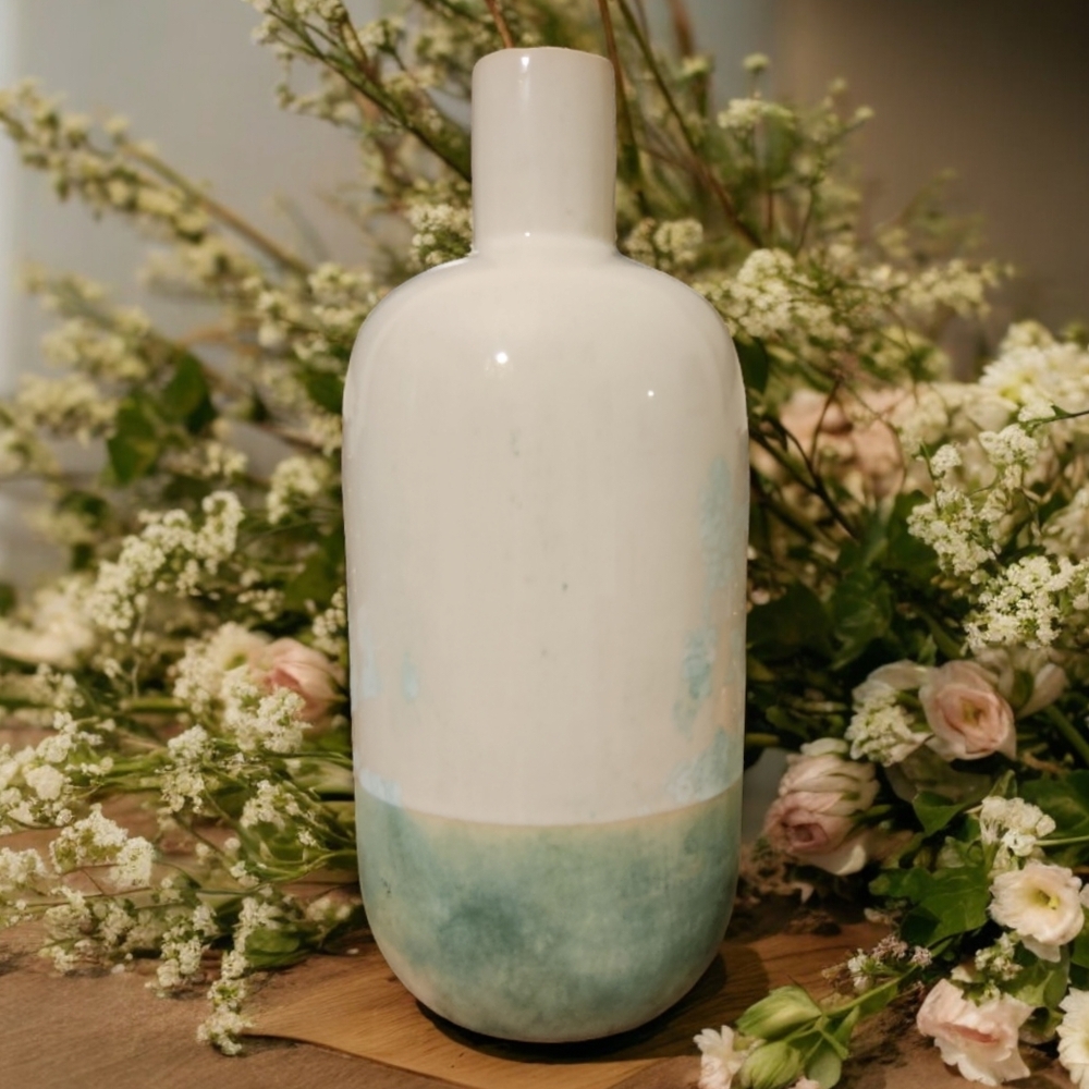 White and Seafoam Ceramic Decorative Vase